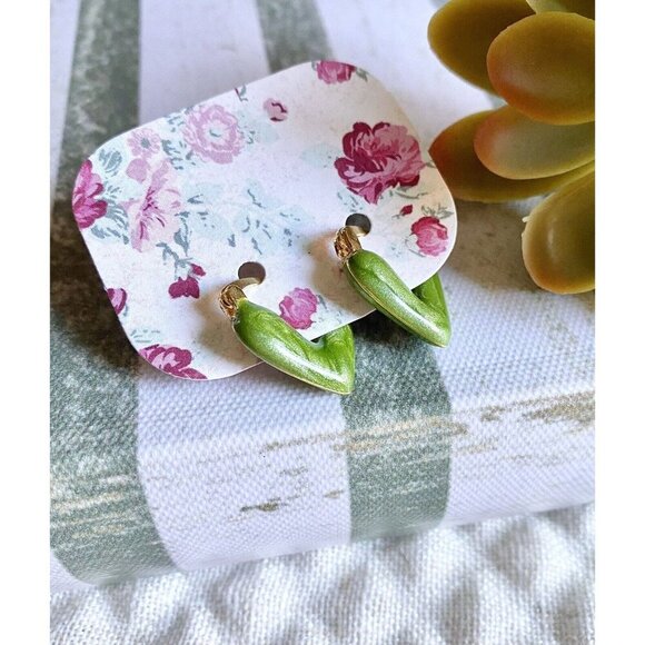 New Green Enamel & Gold Tone Puffy Heart Retro 80s Style Huggie Hoop Earrings - Picture 3 of 5